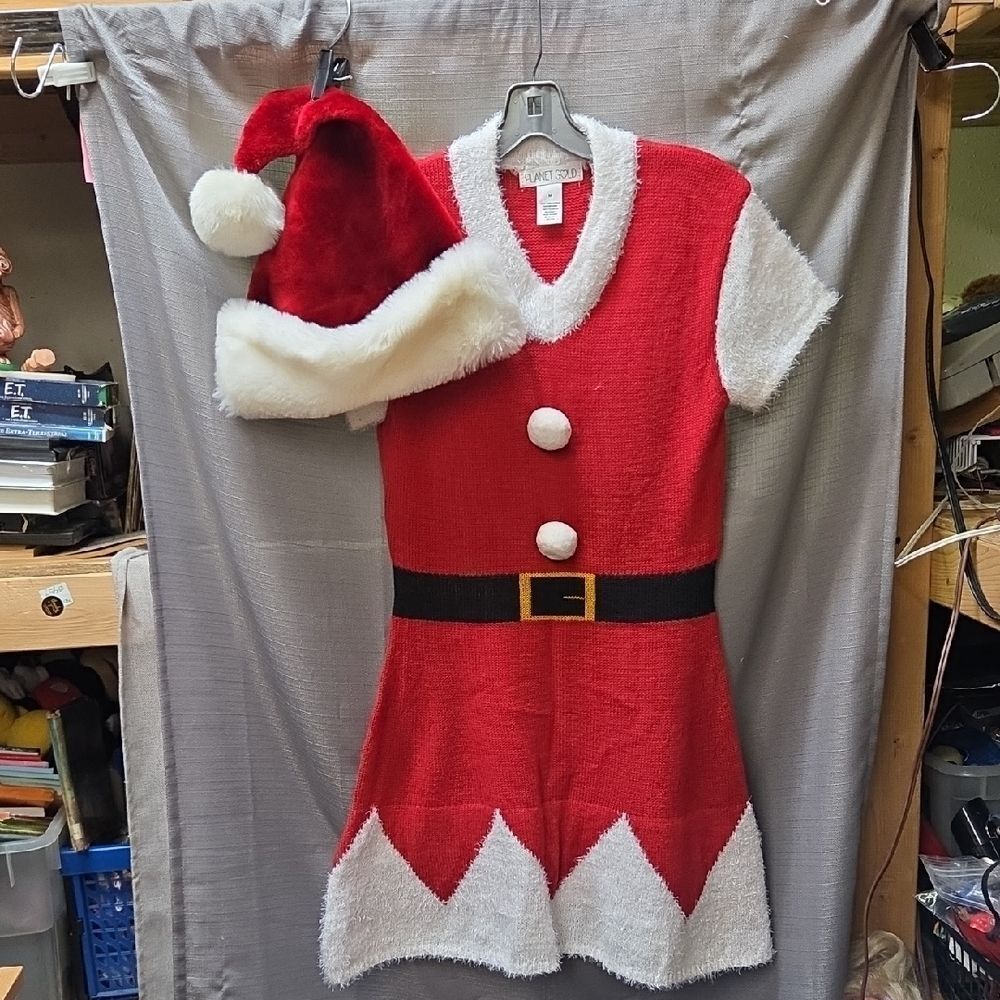 Planet Gold Sweater Santa‎ Christmas Dress With Hat Womens Sz M